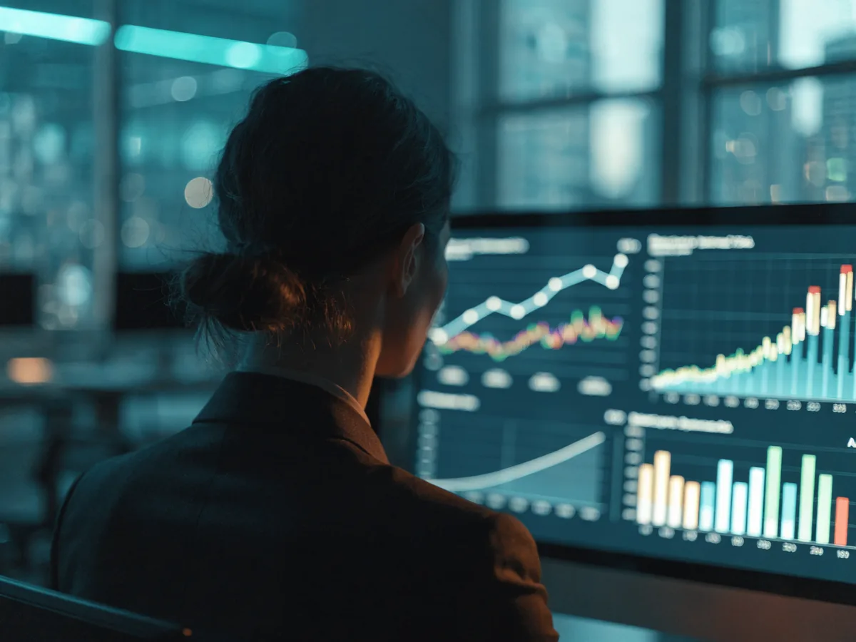 Analyst reviewing glowing performance dashboards and sales pipeline charts on a large monitor in a darkened office at dusk
